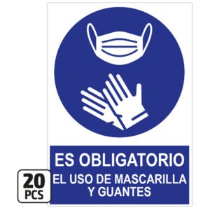 PACK DE 20 POSTERS DE "ES OBLIGATORIO EL USO DE MASCARILLA Y GUANTES"