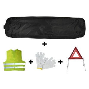 KIT EMERGENCIA BOLSA NEGRA RIBETE+TRIANGULO+CHALECO+GUANTES